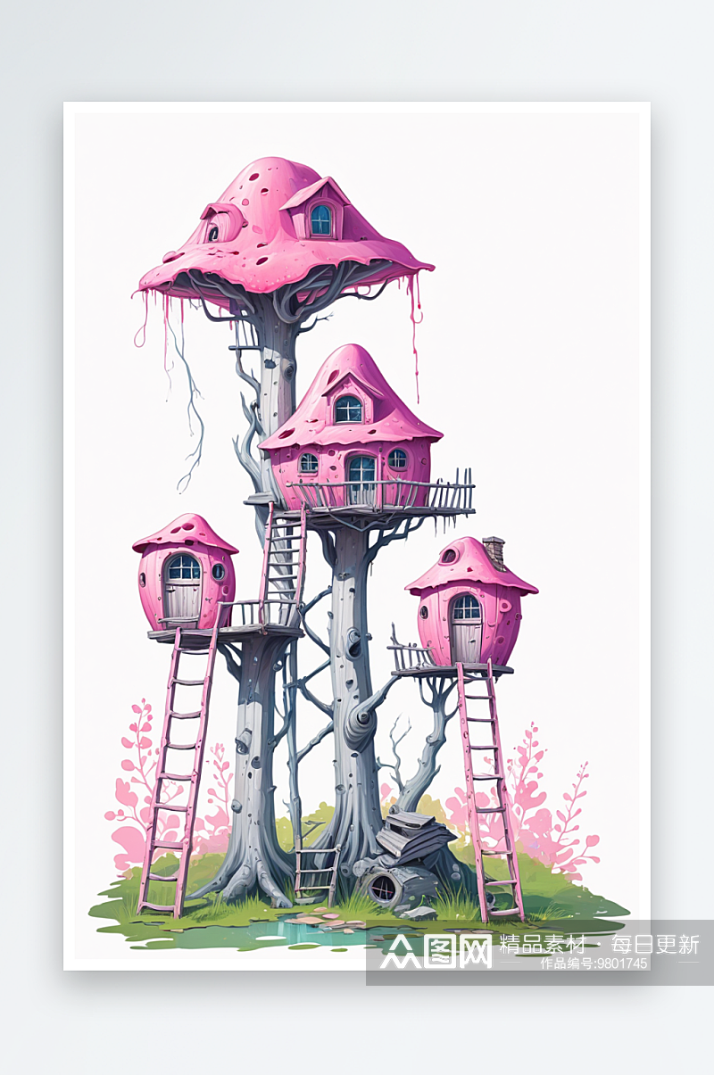 有毒的粉红色真菌房子有木梯子和圆形窗户素材