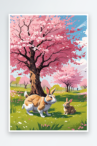 樱花树荫下的流浪汉和兔子