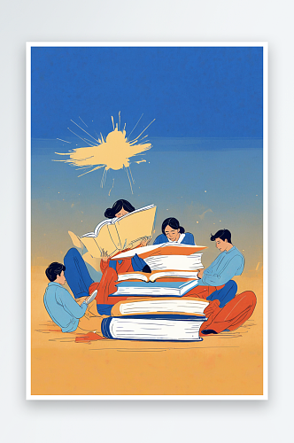 一群在书上面读书的人插画