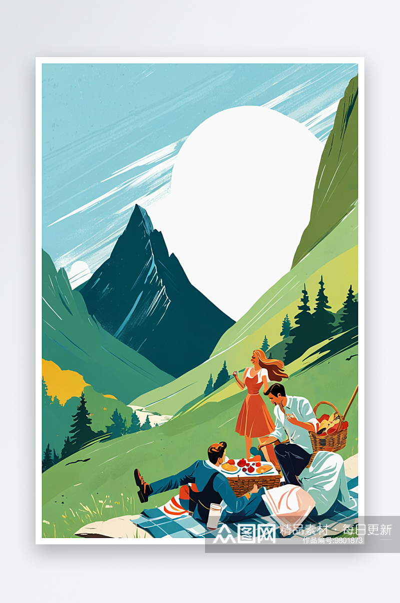 一男一女在山上野餐的插图素材