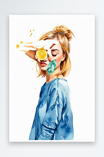 一个手拿柠檬片挡眼睛的文艺少女水彩手绘插