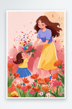 一个女孩送花给妈妈母亲节插画