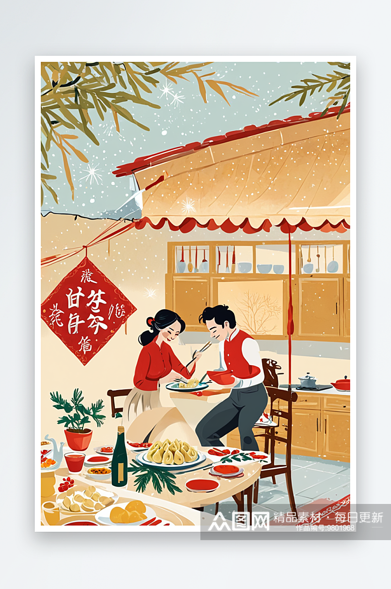 一对情侣在家里包饺子准备吃年夜饭素材