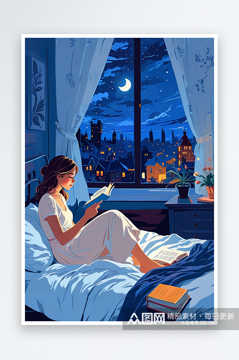 夜晚坐在床上看书的女孩素材