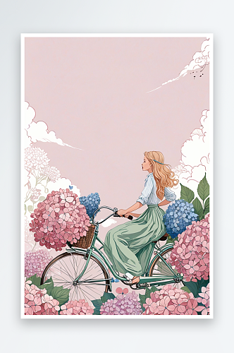 绣球花与骑自行车的女孩手绘插画