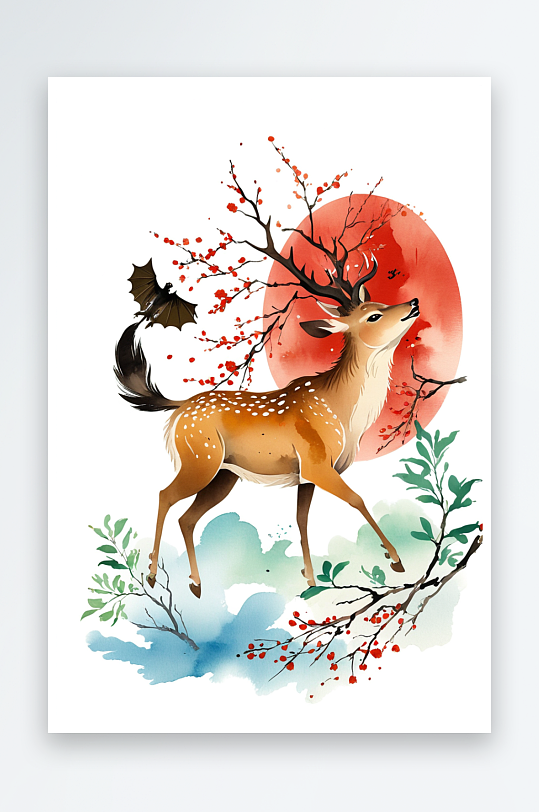 新年元素春节元素插画福禄双全鹿和蝙蝠