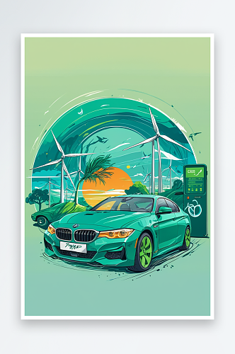 新能源汽车环保绿色出行低碳生活插画海报