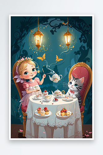 小仙女与猫咪下午茶可爱童话绘本插画