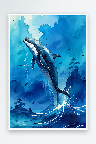 小清新水彩风格古风风景插画鲸鱼