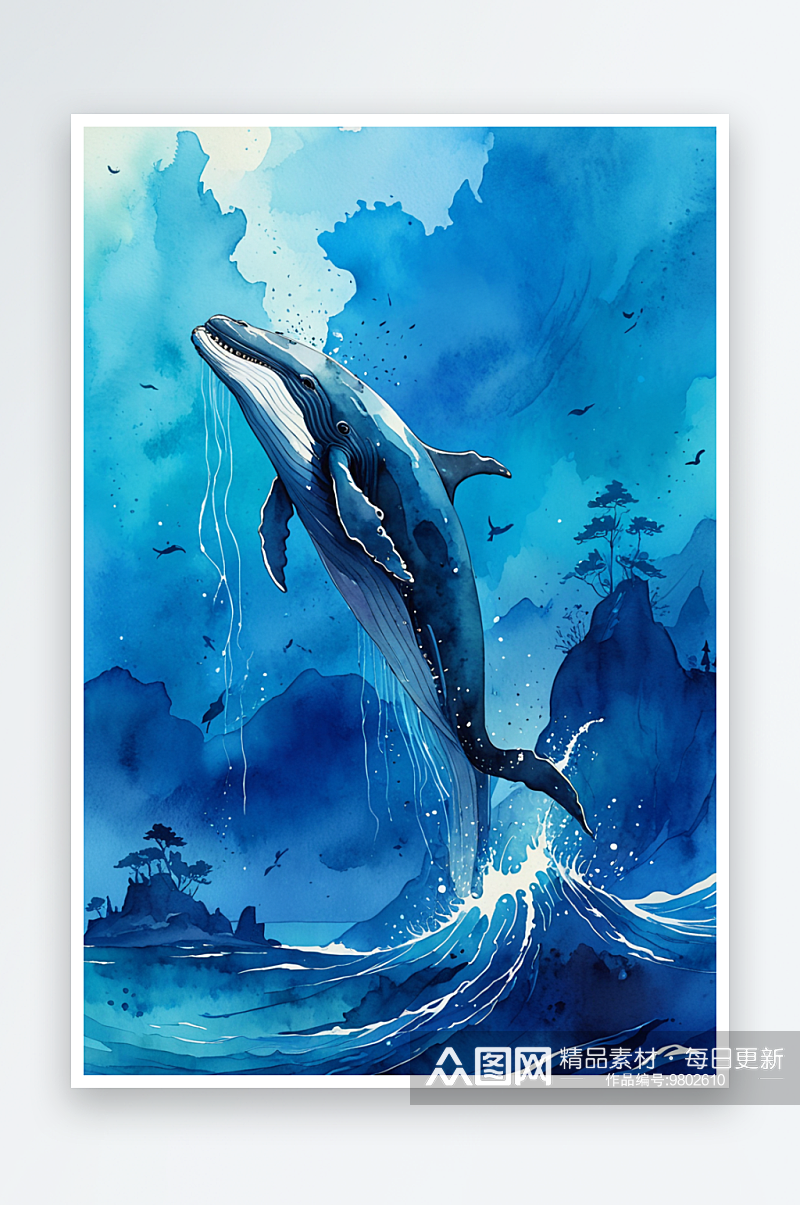小清新水彩风格古风风景插画鲸鱼素材