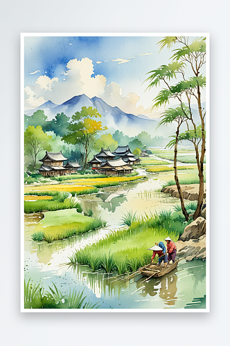 小清新水彩风格古风风景插画插秧