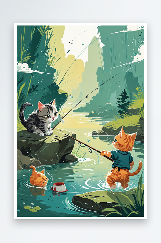 小猫钓鱼绘本插画