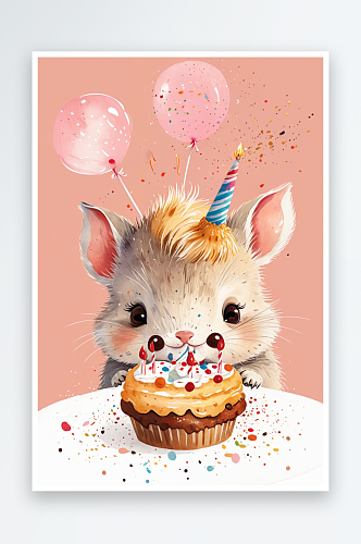 小动物庆祝生日吃蛋糕插画
