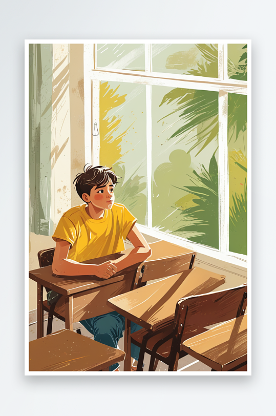 夏天坐在教室里望向窗外的男生插画