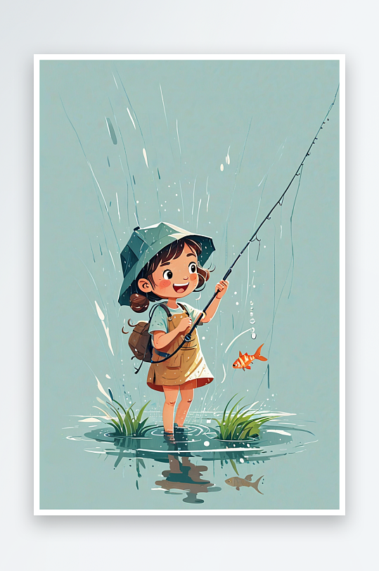 夏天下雨天钓鱼的快乐女孩插画