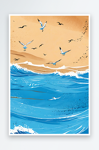 夏天沙滩上海浪拍打着细沙海鸥在飞插画