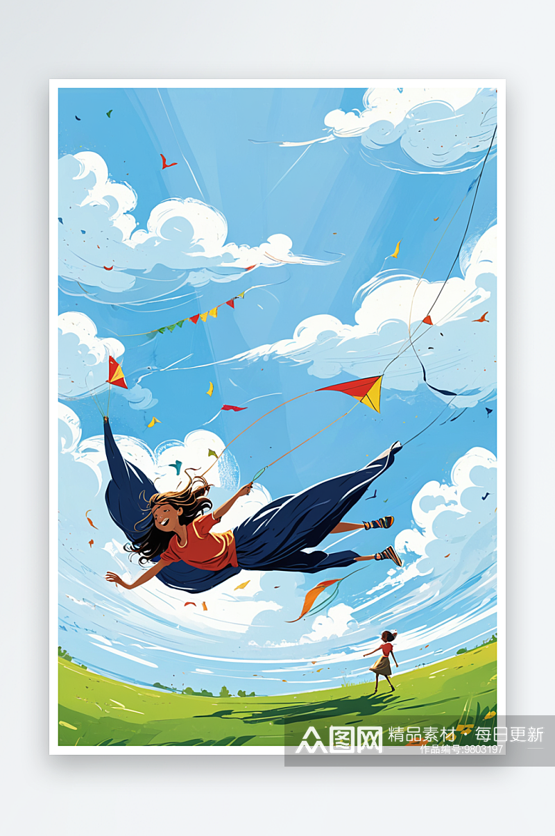 夏日放风筝的女孩插画素材