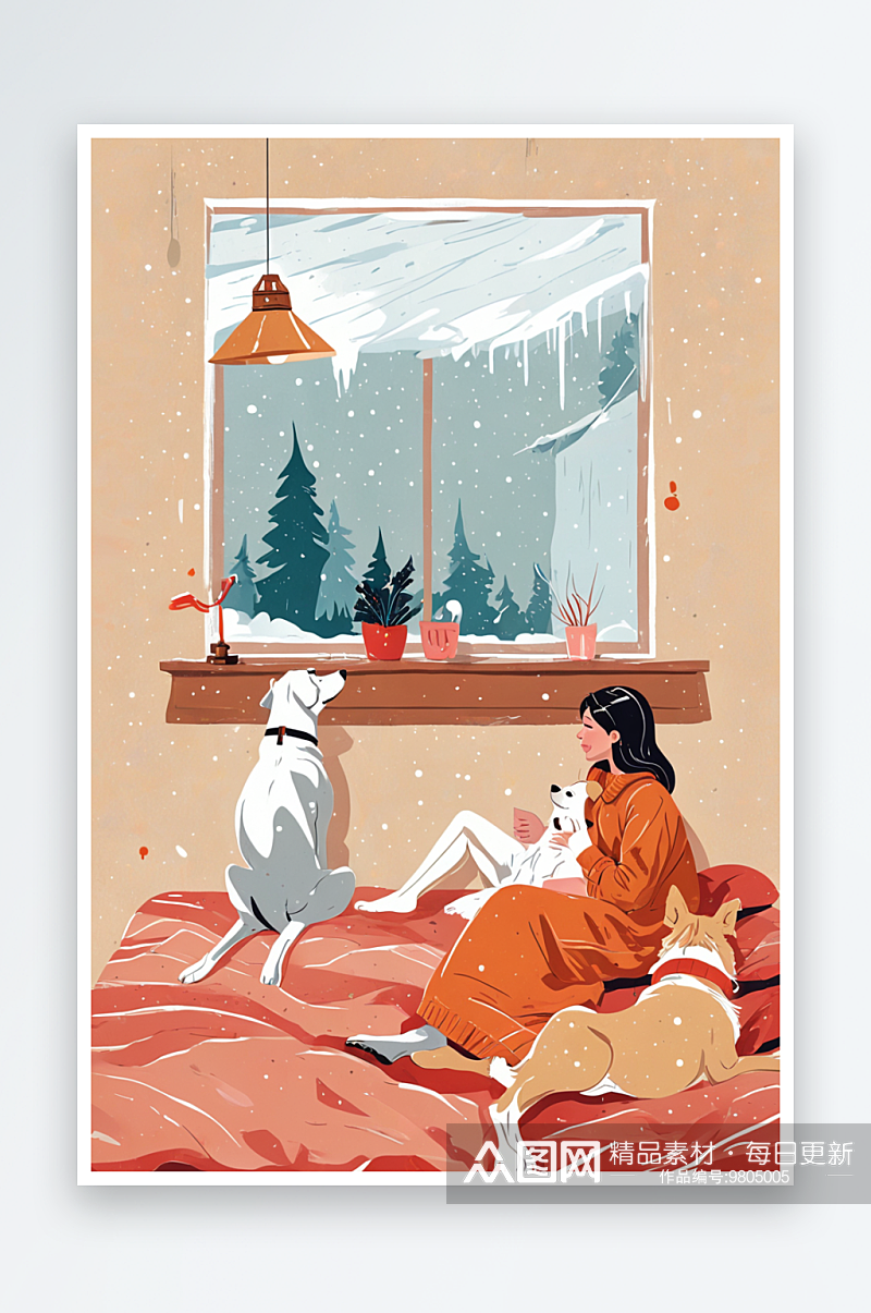 下雪天女孩和狗在家休息素材