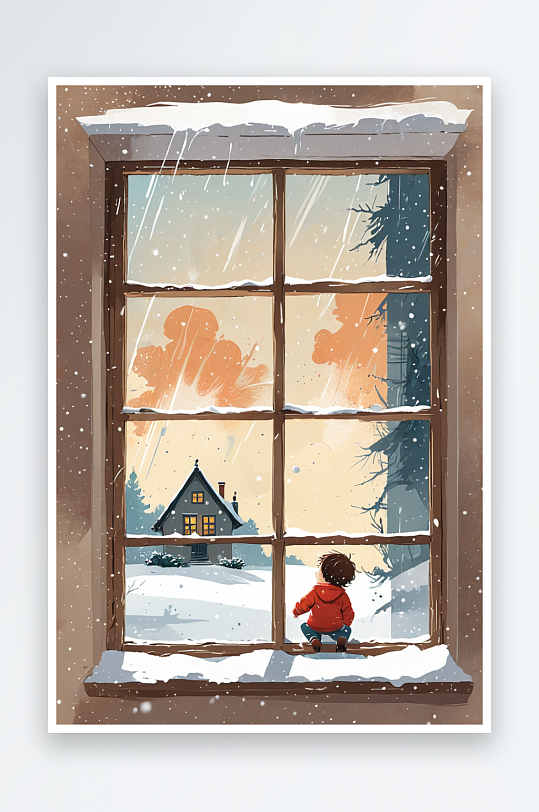 下雪天窗前的小孩插图