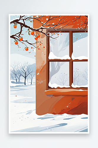 下雪的冬天柿子树插画背景