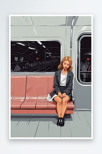 下班之后在地铁上睡着的女孩插画