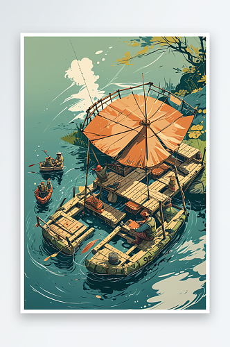 西湖渔筏插画图片