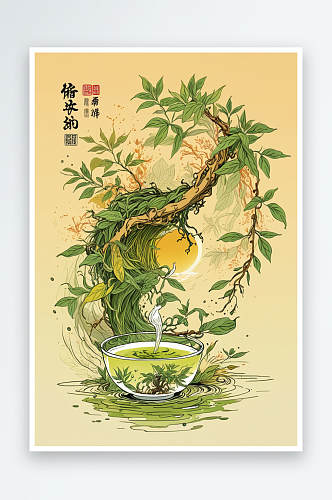 西湖龙井茶插画图片