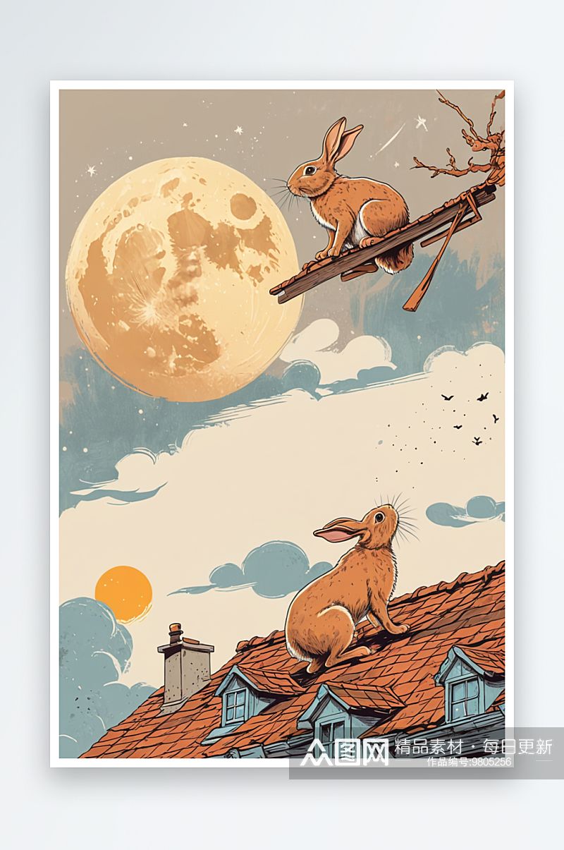 屋顶上的兔子仰望月亮插画素材