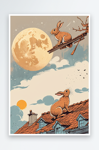 屋顶上的兔子仰望月亮插画