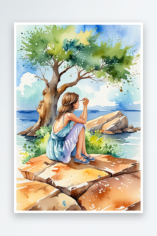 唯水彩手绘插画坐在树下石墩上的女孩