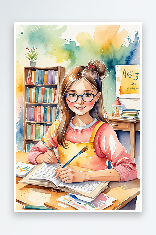 唯水彩手绘插画教室里拆开信看书的女孩