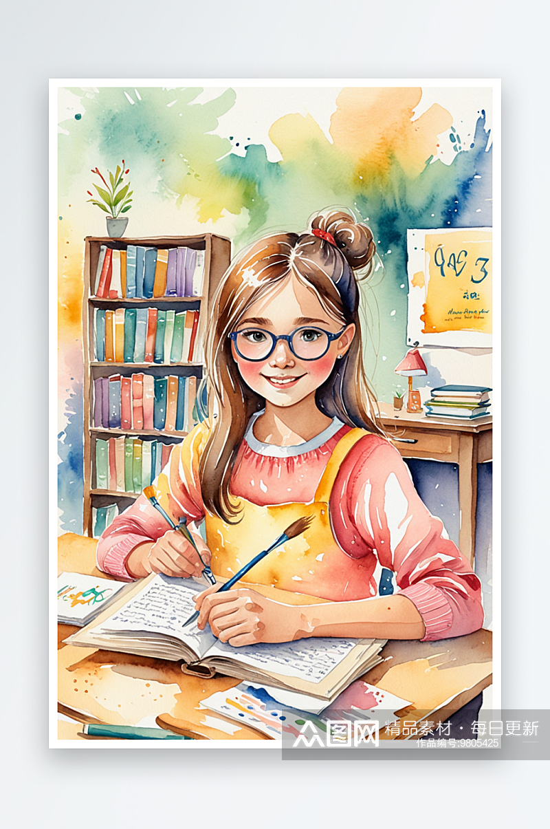 唯水彩手绘插画教室里拆开信看书的女孩素材
