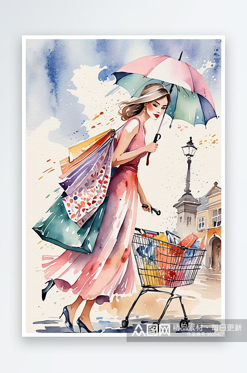 唯水彩手绘插画打着伞背着包逛街的女素材