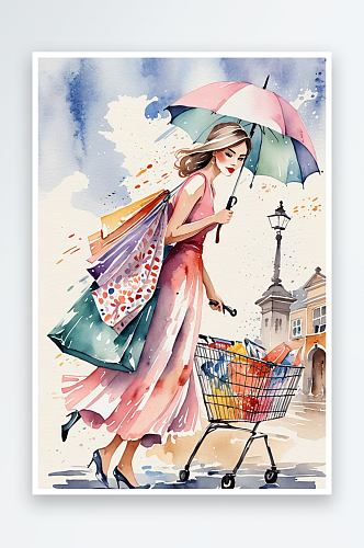 唯水彩手绘插画打着伞背着包逛街的女