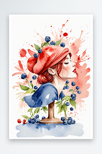 唯水彩插画系列蓝莓红帽子女孩