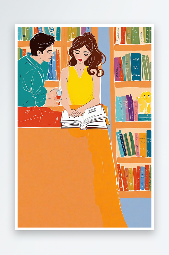 唯浪漫情侣时尚插画系列在图书馆一起学习