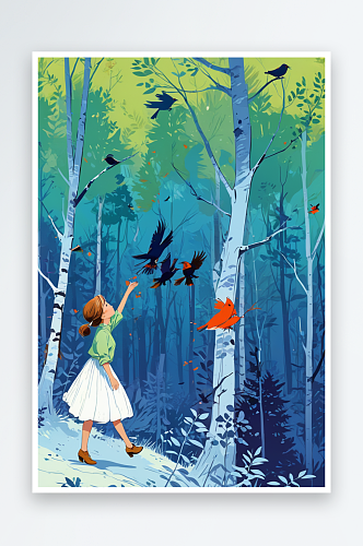 唯可爱的人物插画森林里的女孩和三只鸟