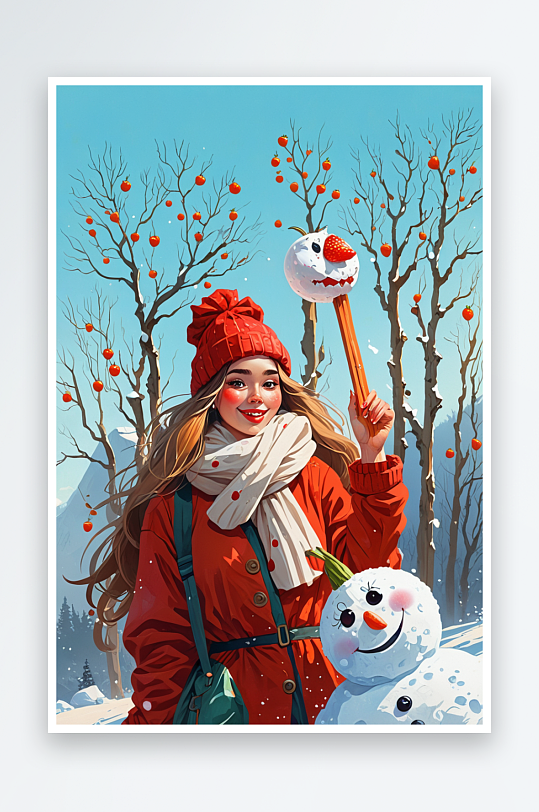 唯可爱的人物插画拿冰糖草莓葫芦的女人和雪