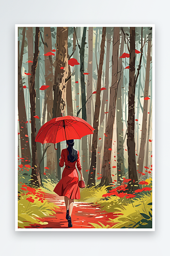 唯可爱的人物插画打着红伞的女子漫步林中