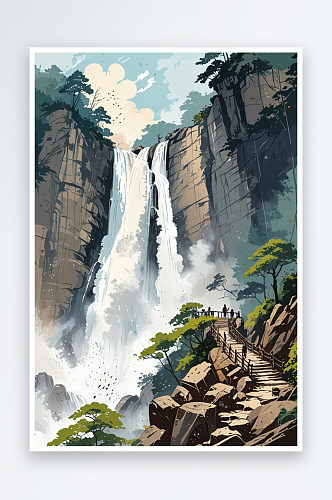 望庐山瀑布插画图片