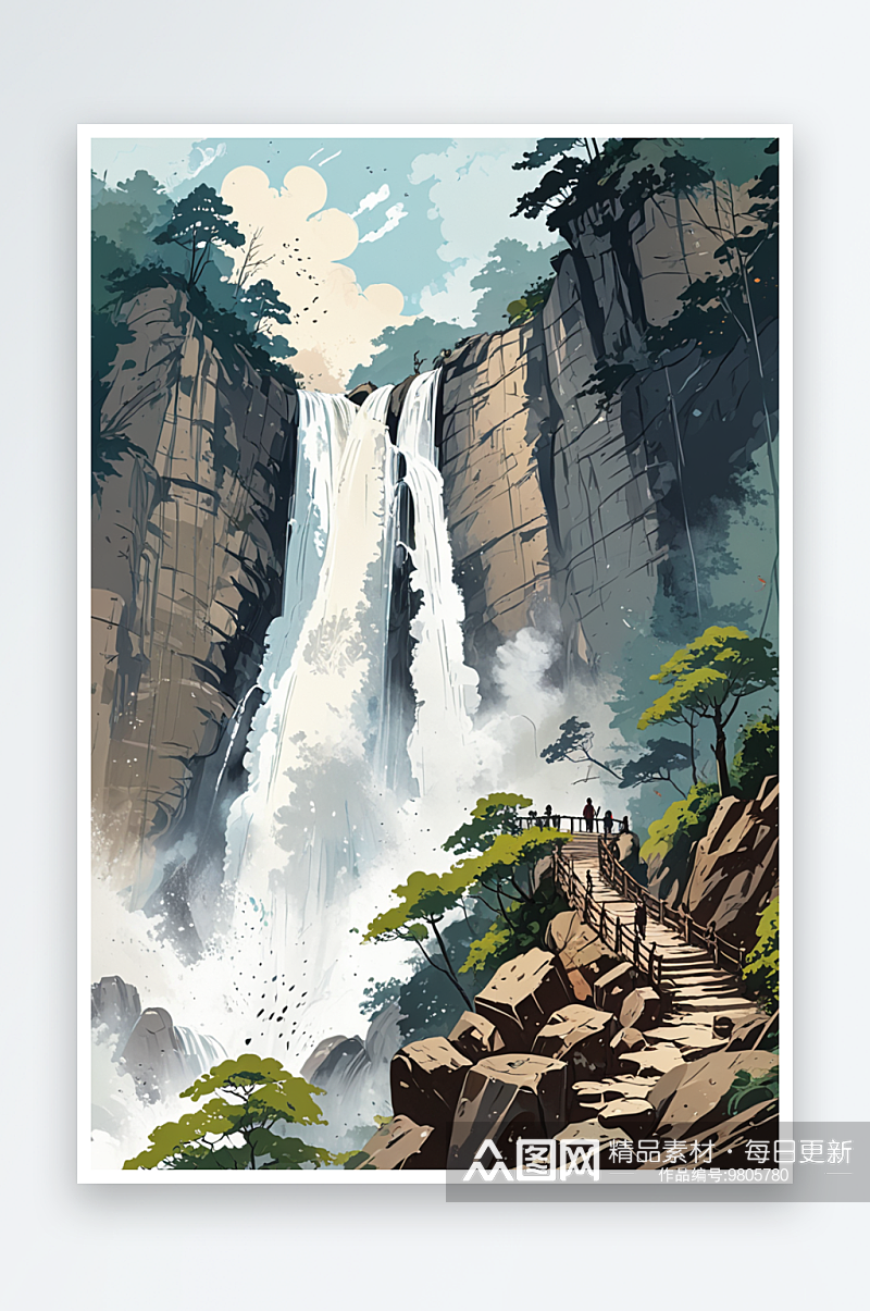 望庐山瀑布插画图片素材