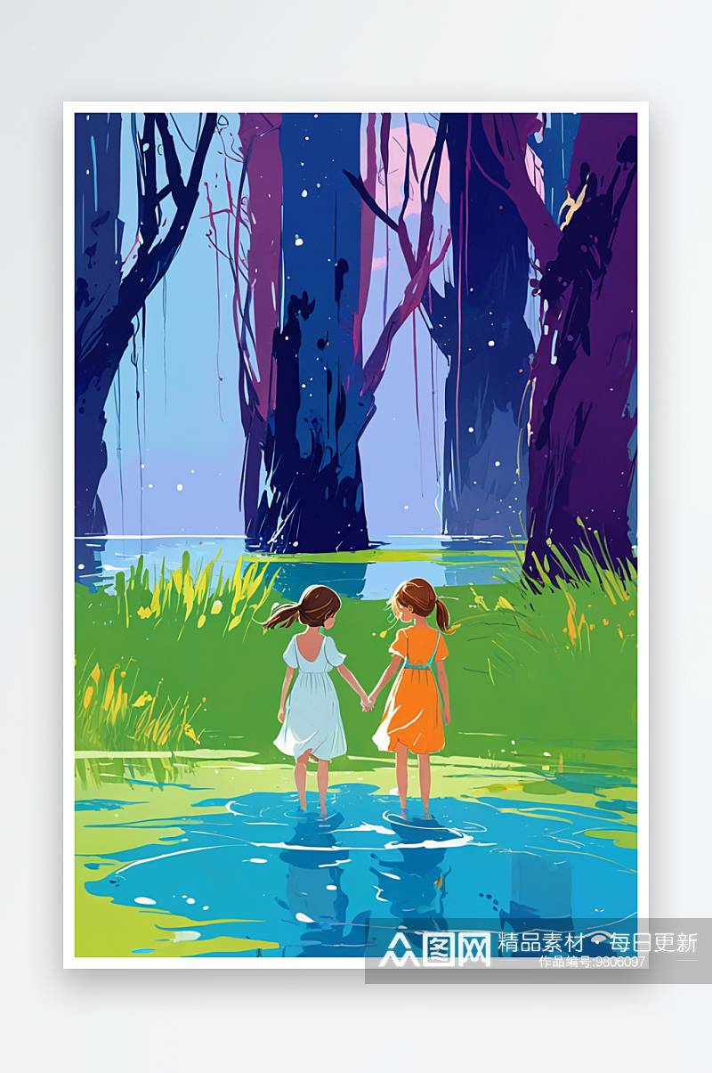 童年梦幻系列组图幅水边的两个女孩素材