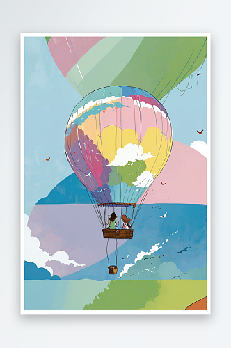 天空中乘坐热气球的少女壁纸插画