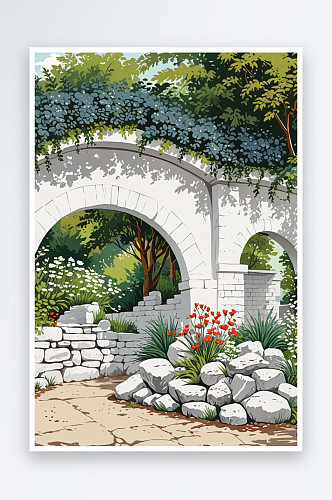 苏式园林院子中的白墙拱门假山植物手绘插画