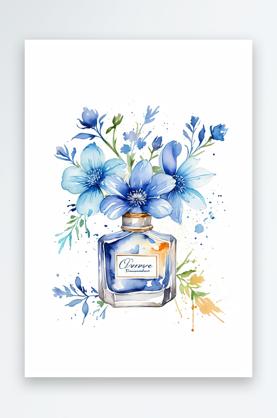 水彩香水瓶蓝色花