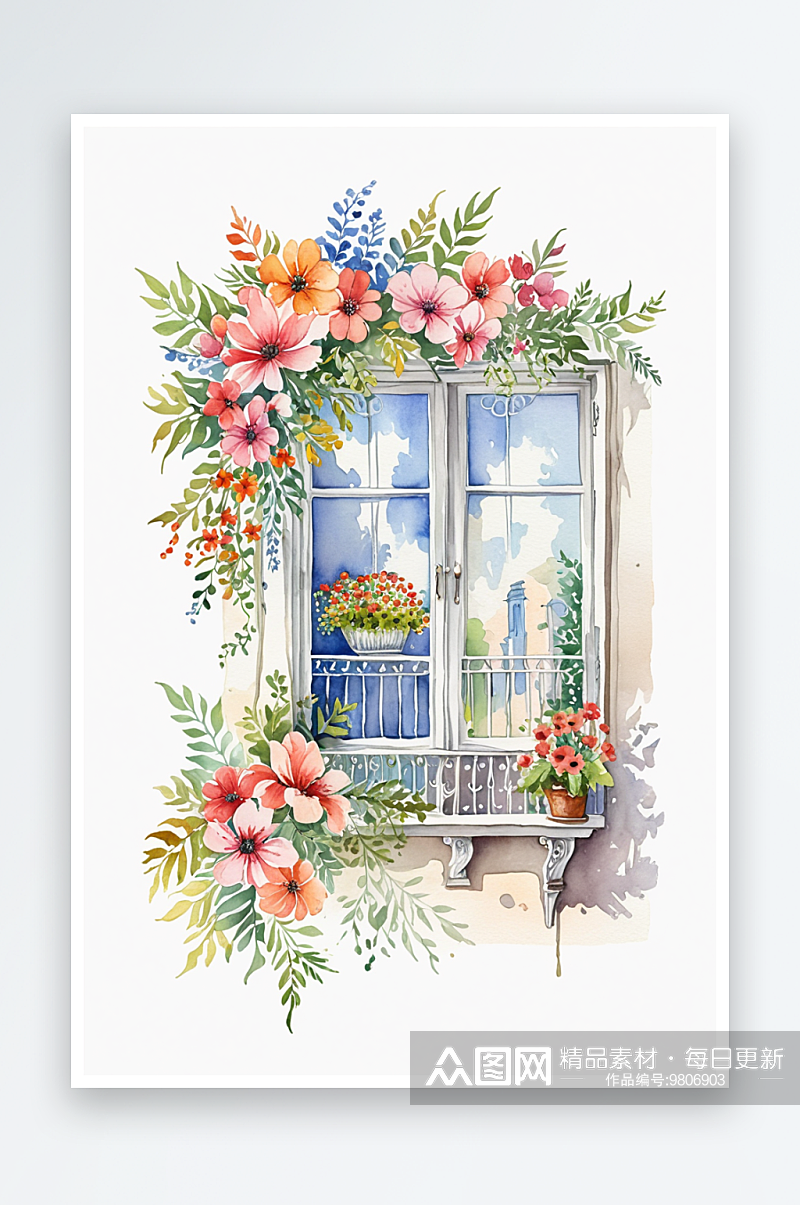 水彩手绘装饰建筑鲜花植被阳台沙发窗户外景素材