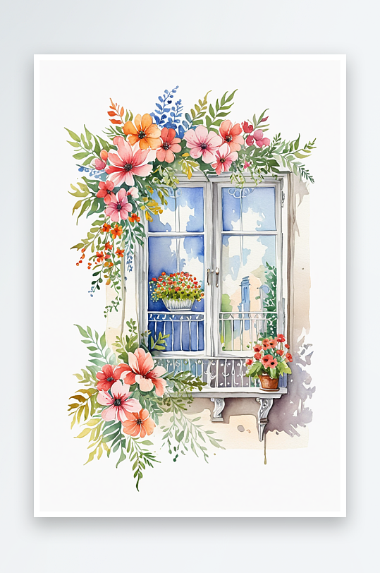 水彩手绘装饰建筑鲜花植被阳台沙发窗户外景