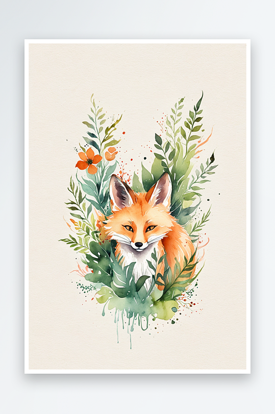 水彩少女狐狸植物系列插画