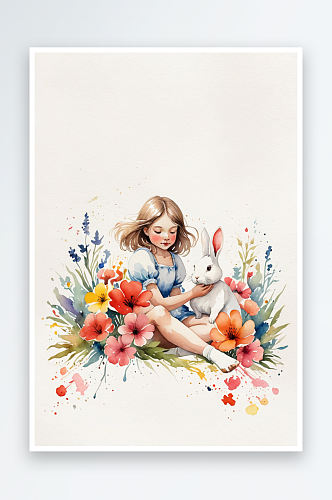 水彩人物画得真坐在花丛中的女孩和白色兔子