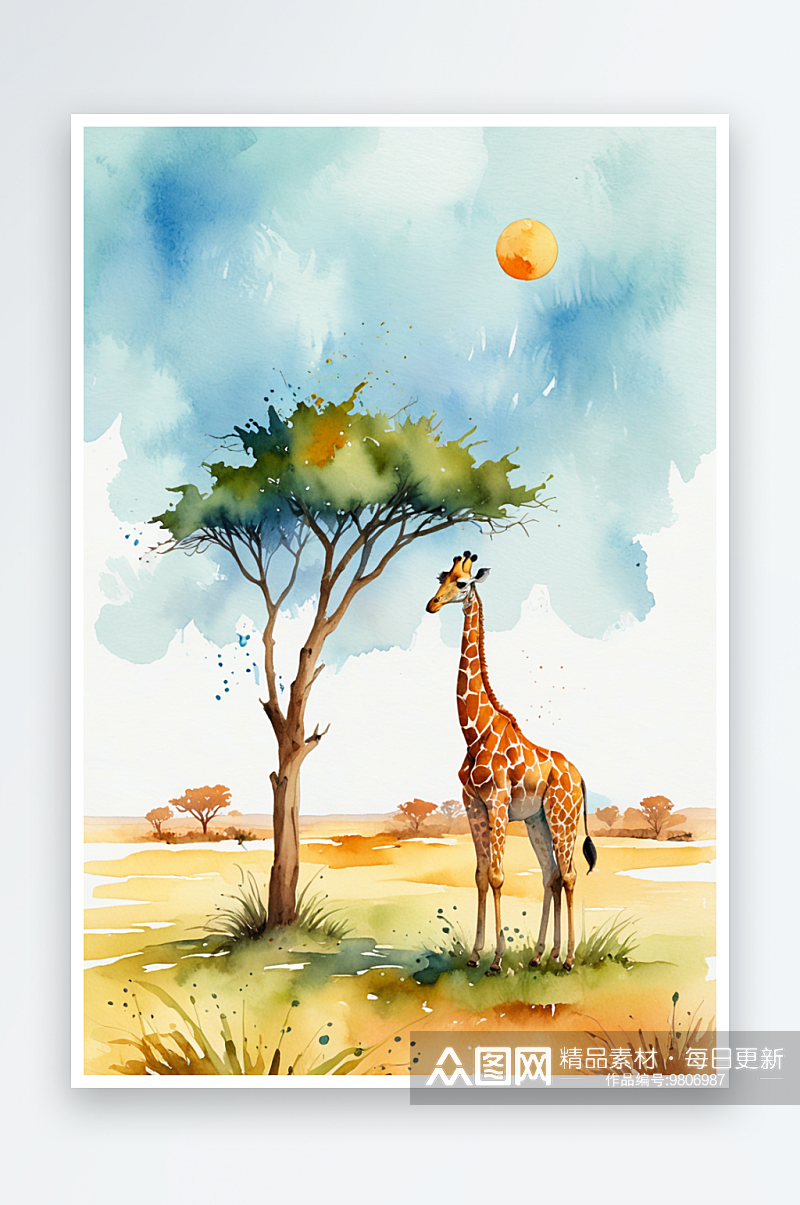 水彩插图与长颈鹿在萨凡纳素材